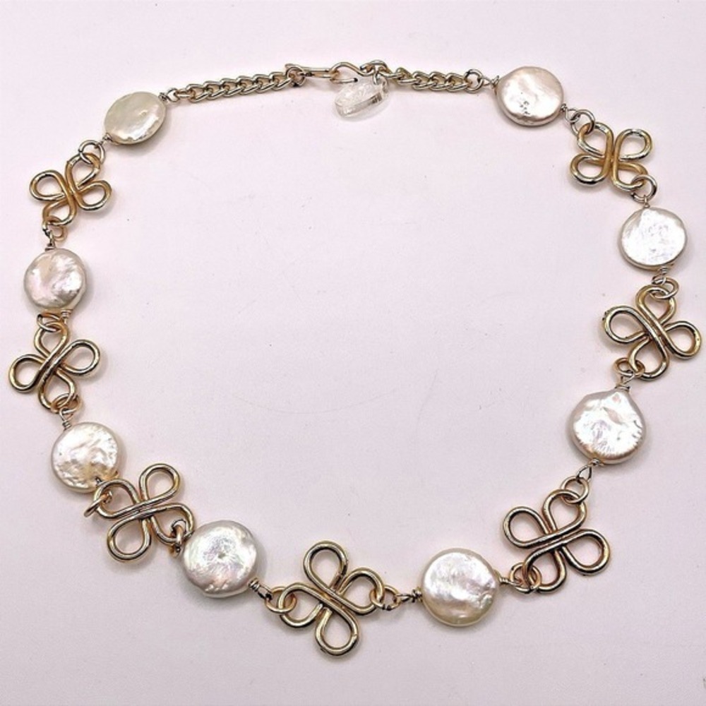 Coin Pearl Necklace Gold Plated Knot Design 16 In Choker Designer Signed Artisan